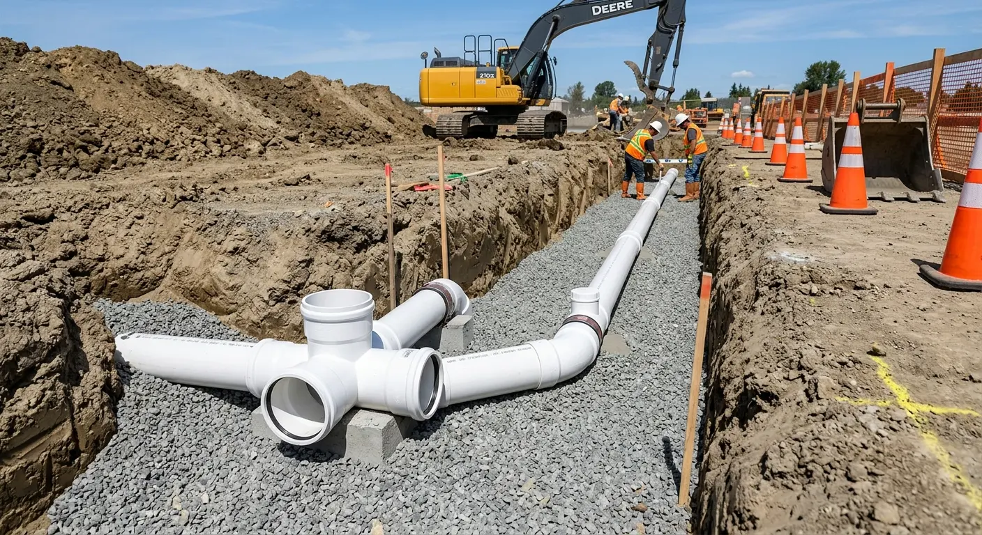 New PVC sewer pipe installation in open trench for Sewer Backup in Ellensburg