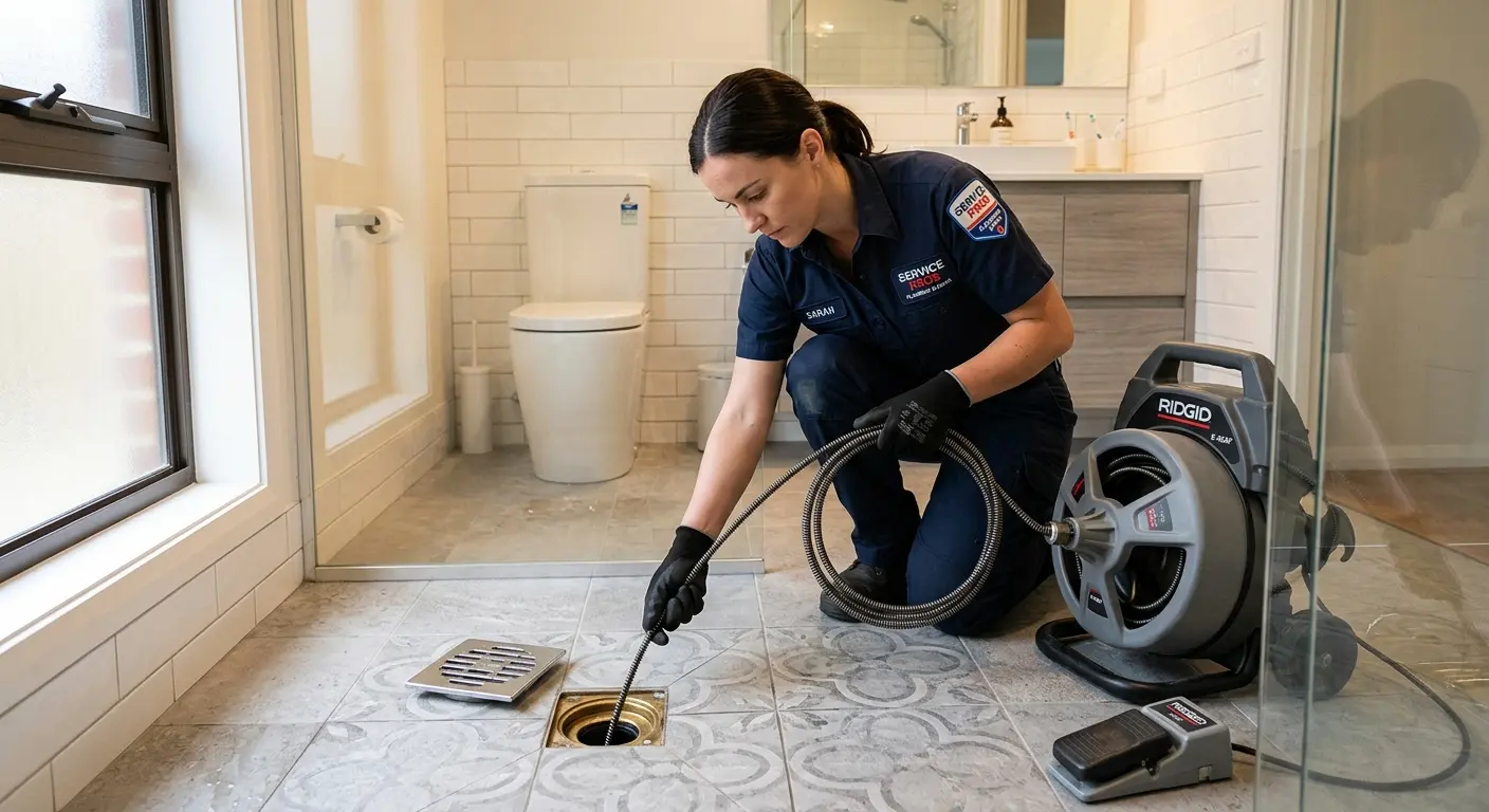Technician clearing a bathroom floor drain for Sewer Line Installation in Ellensburg